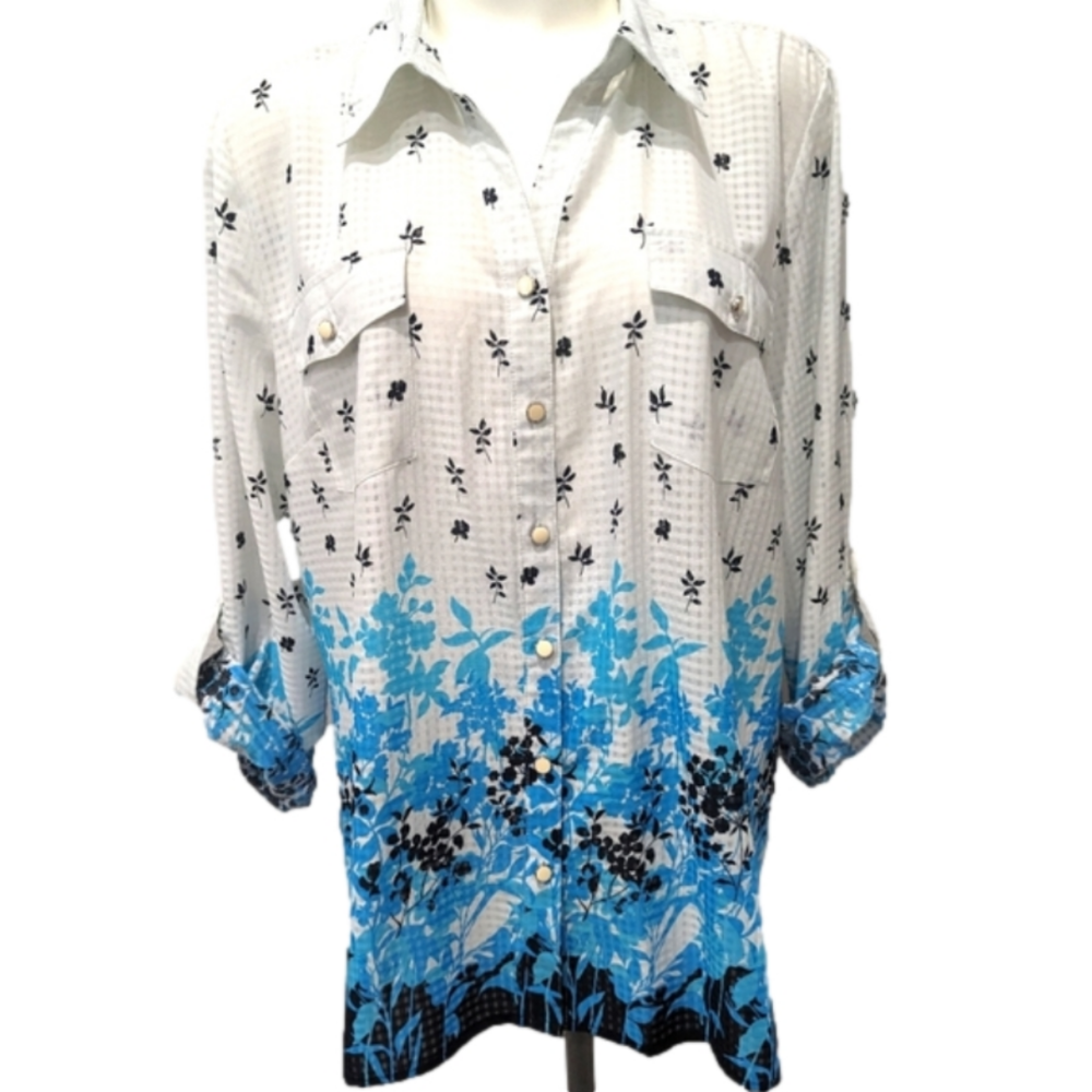 Elementz white button up with blue trim and flowers, sz XL
